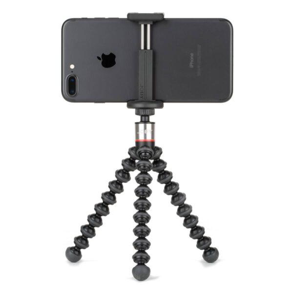 Black Iphone 8 in a Joby gripTight One Tripod